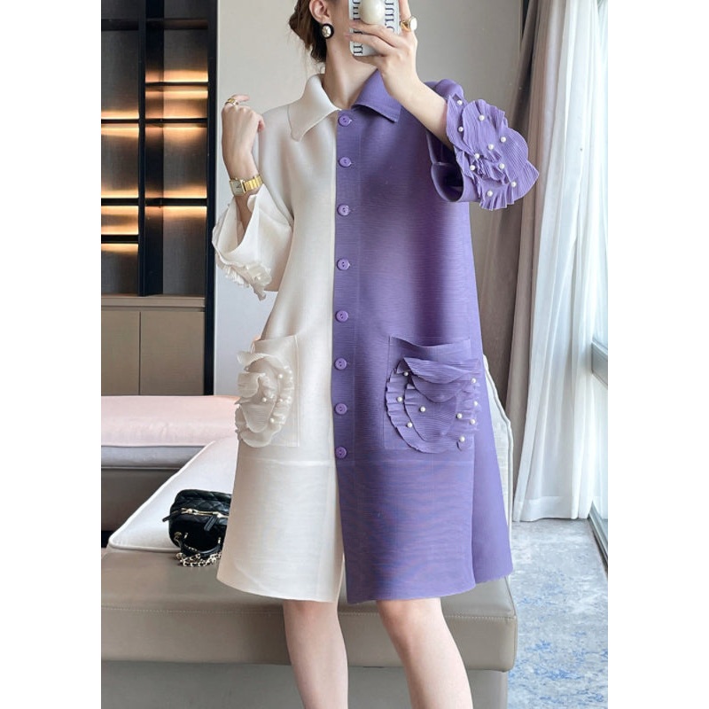 Italian Lavender Pockets Nail Bead Patchwork Cotton Dress Butterfly Sleeve