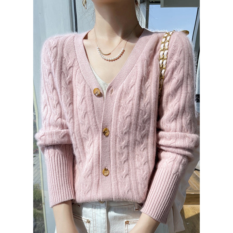 Italian Pink V Neck Solid Cable Wool Knit Cardigans Fall
