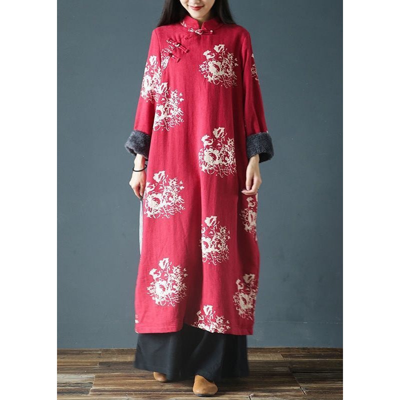Italian Red Button Print Patchwork Fleece Long Dress Spring