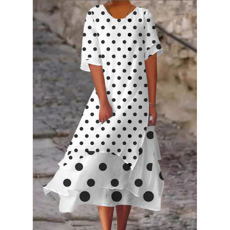 Loose Black Dots O Neck Side Open Cotton Dresses Short Sleeve