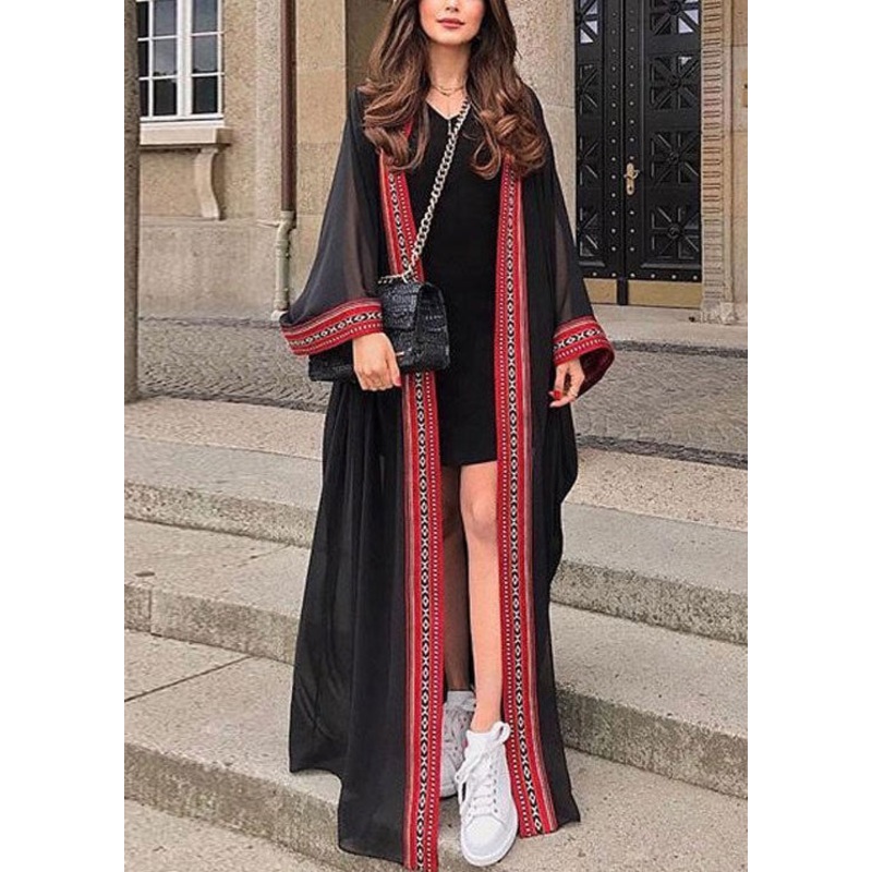Loose Black Embroidered Tie Waist Chiffon Cardigans Long Sleeve