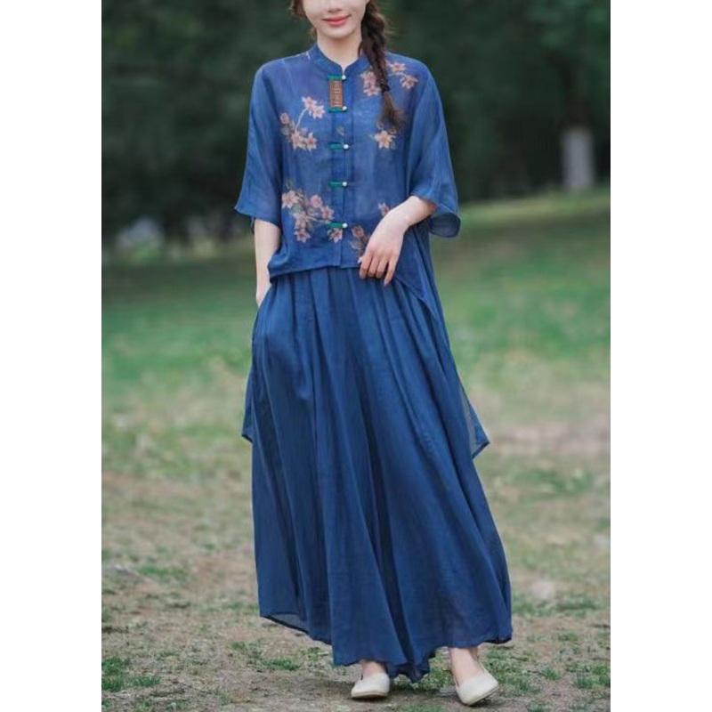 Loose Blue Asymmetrical Print Button Linen Two Piece Set Half Sleeve