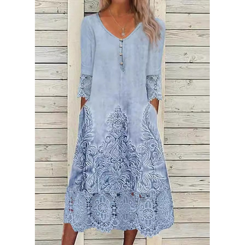 Loose Blue Print Pockets Lace Patchwork Long Dress Half Sleeve