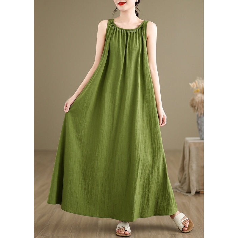 Loose Green Wrinkled Solid Cotton Maxi Dresses Sleeveless