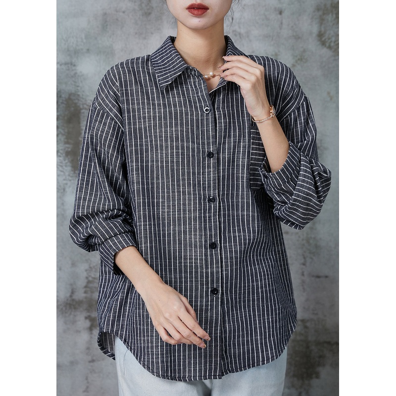 Loose Grey Oversized Striped Linen Blouses Spring