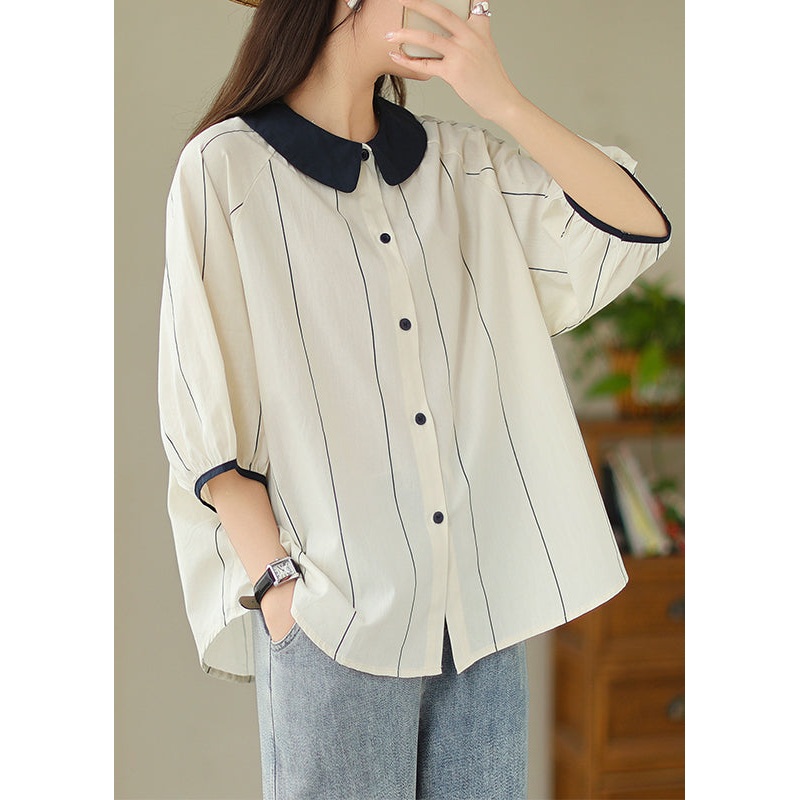 Loose Navy Peter Pan Collar Striped Cotton Shirts Summer