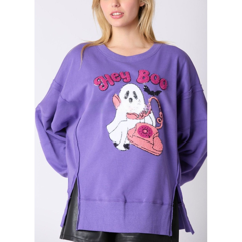 Loose Purple Sequins Side Open Cotton Sweatshirt Long Sleeve