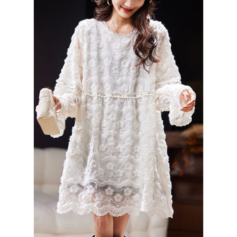 Loose White Solid Embroideried Nail Bead Lace Mid Dress Spring
