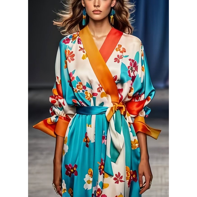 Modern Blue Tie Waist Print Silk Holiday Dress Spring
