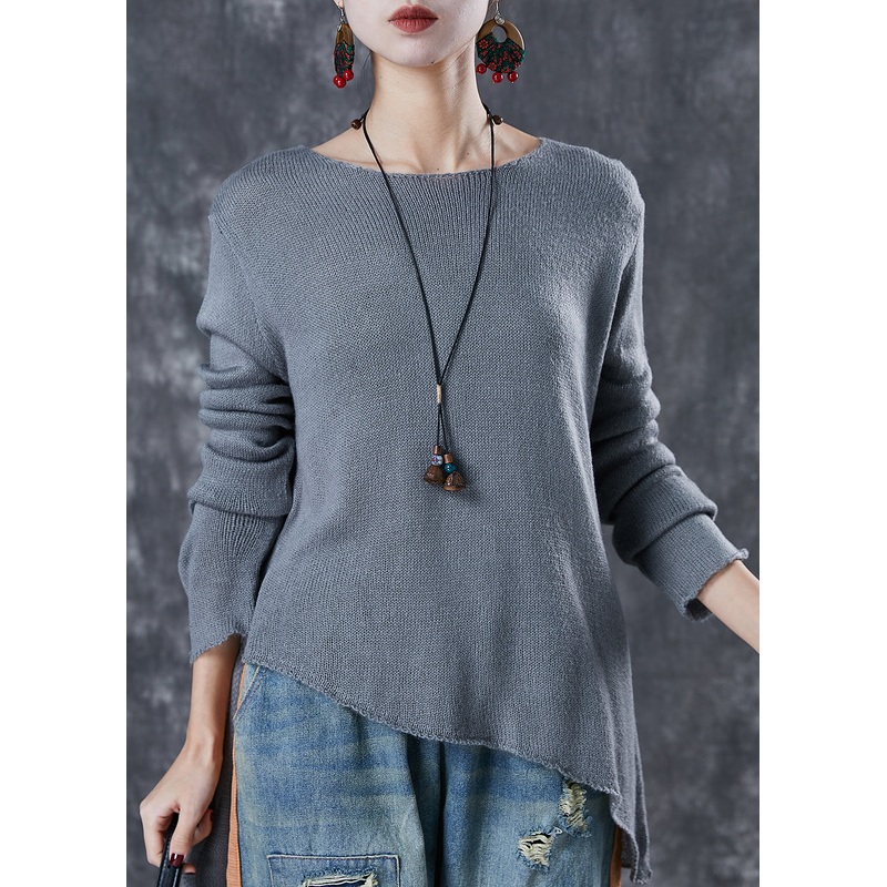 Modern Grey Asymmetrical Design Knit Sweater Spring