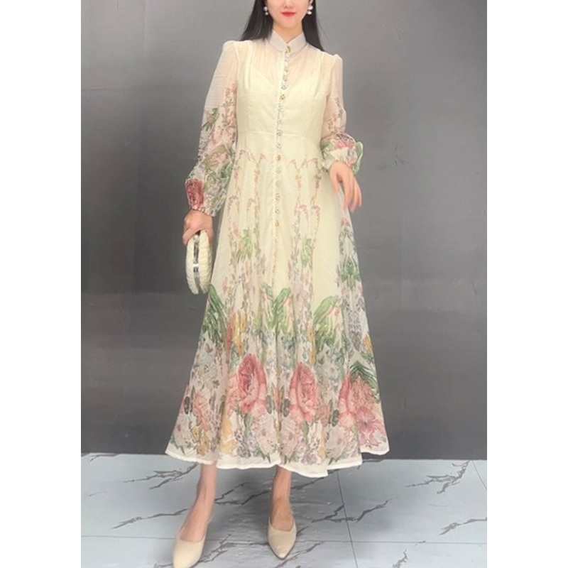 Natural Beige Stand Collar Print Silk Long Dresses Fall