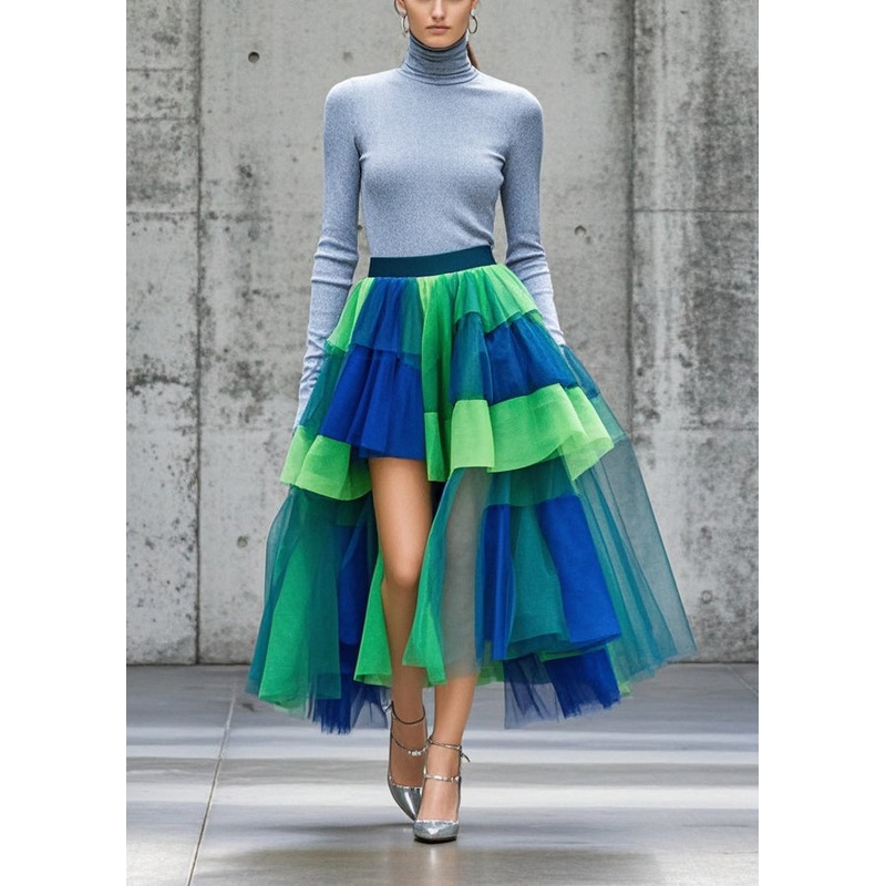Natural Colorblock Asymmetrical Patchwork Tulle Skirt Summer