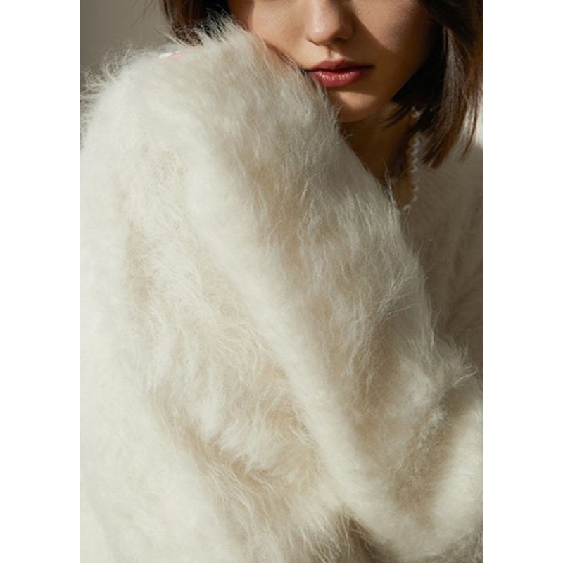 Natural White O-Neck Cozy Woolen Knit Sweaters Winter