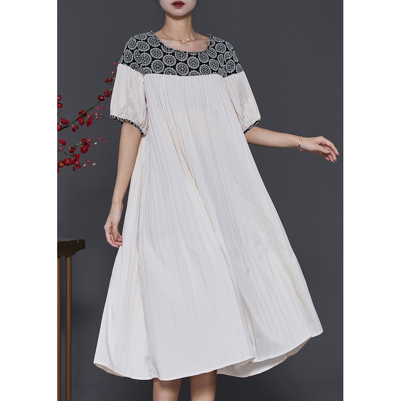 Natural White Oversized Patchwork Cotton Pleated Dress Summer