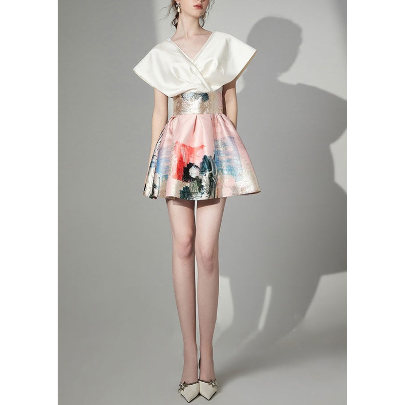 New Apricot V Neck Print Patchwork Silk Mid Dress Summer