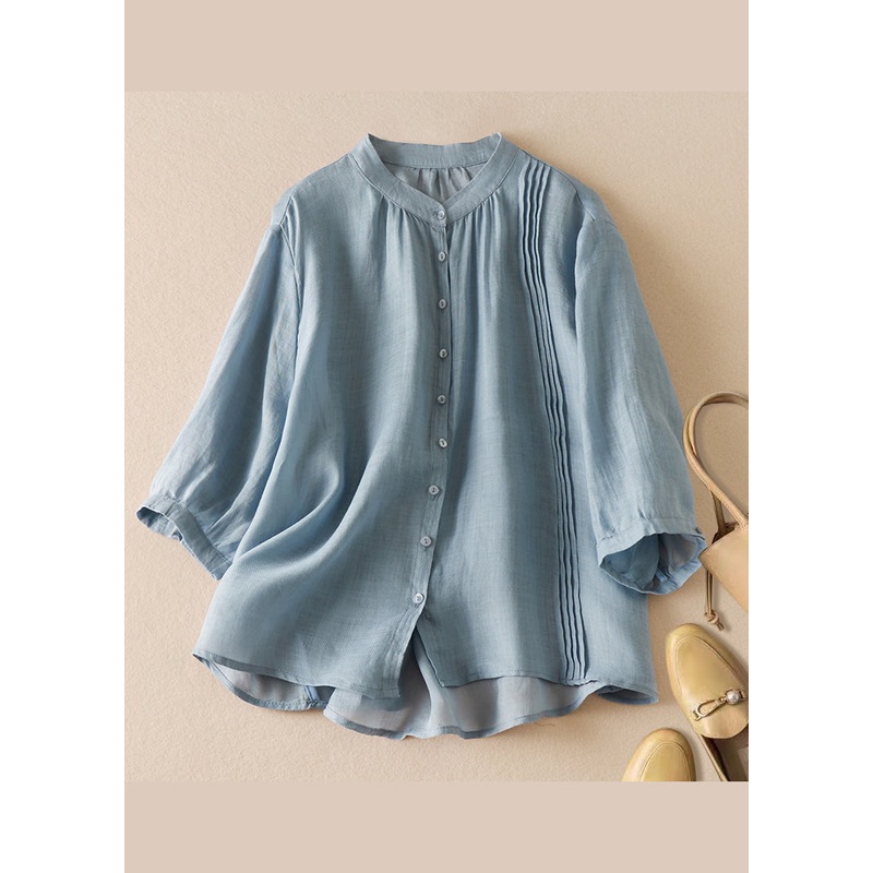 New Blue Stand Collar Button Wrinkled Cotton Shirts Half Sleeve