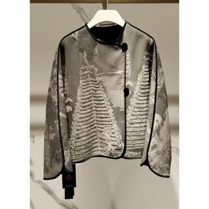 New Chinese Style Button Grey Jacquard Shirt Top Autumn