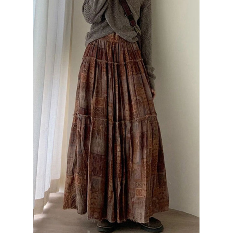 New Coffee Print Wrinkled High Waist Cotton Skirts Spring