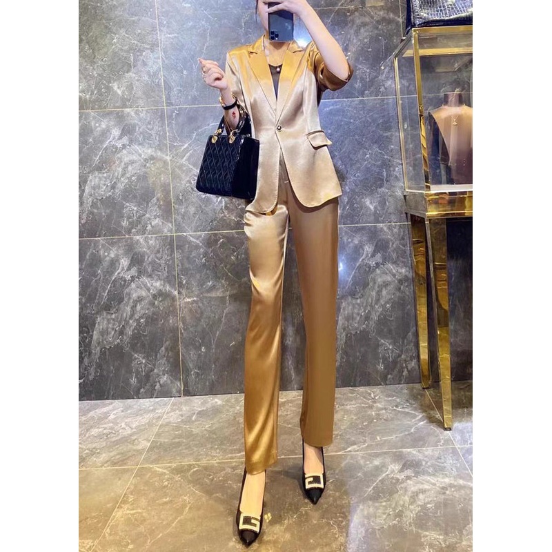 New Gold Notched Button Silk Women Sets 2 Pieces Spring