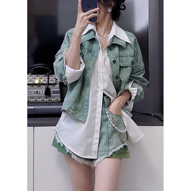 New Green Peter Pan Collar Button Denim Two Pieces Set Long Sleeve