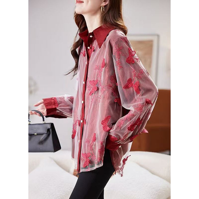 New Red Peter Pan Collar Embroidered Tulle Shirts Spring