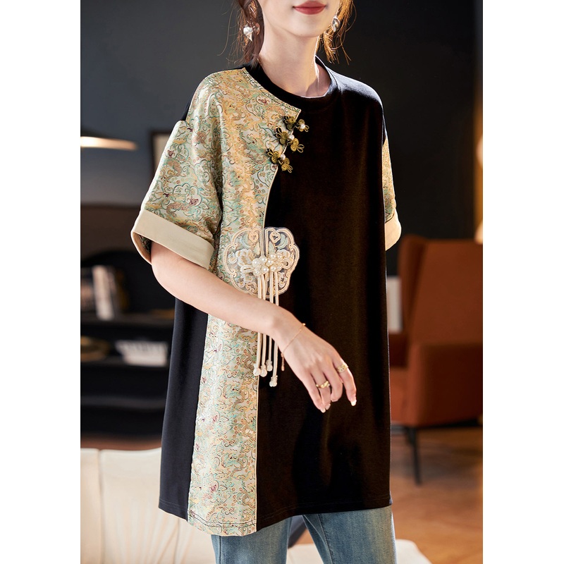 New Retro Black O Neck Tasseled Jacquard Patchwork Cotton T Shirts Summer