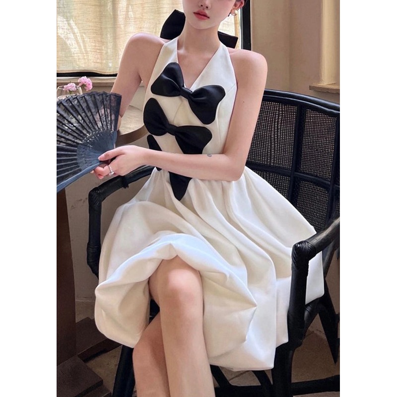 New White Bow Backless Cotton Mid Dress Sleeveless