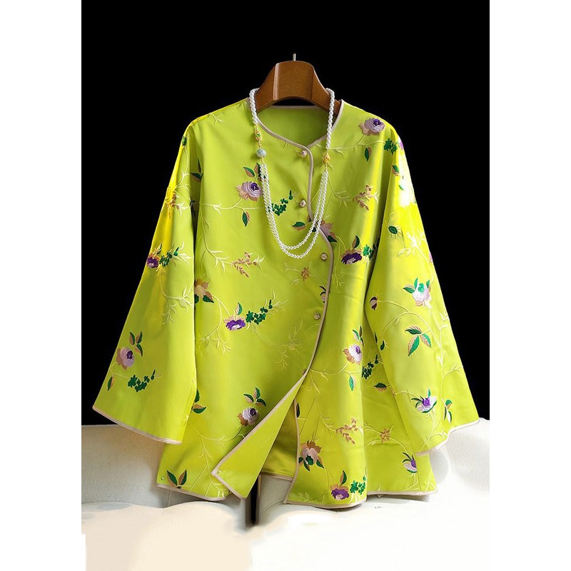 New Yellow Embroideried Button Silk Top Long Sleeve
