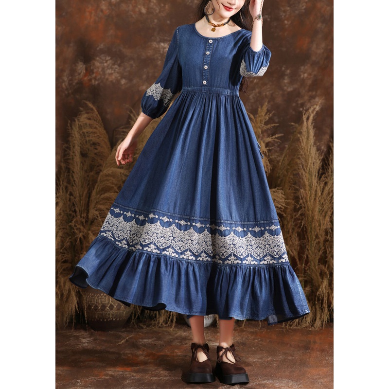 Organic Navy O-Neck Wrinkled Elastic Waist Long Denim Dresses Bracelet Sleeve