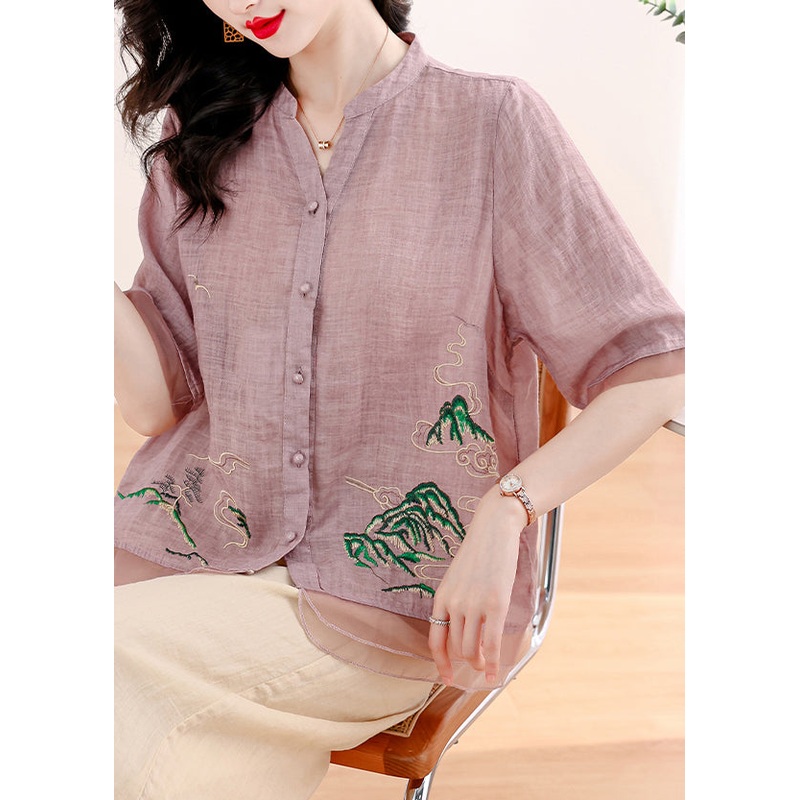 Organic Purple Embroidered Patchwork Linen Two Pieces Set Summer