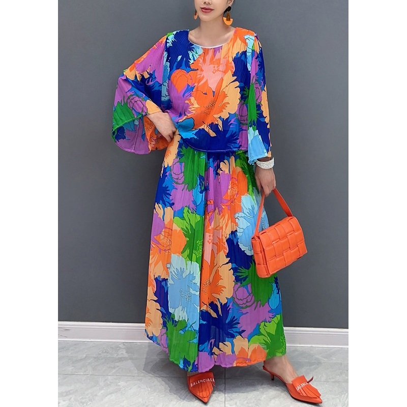 Organic Rainbow O-Neck Print Top And Wide Leg Pants Two Piece Suit Set Fall