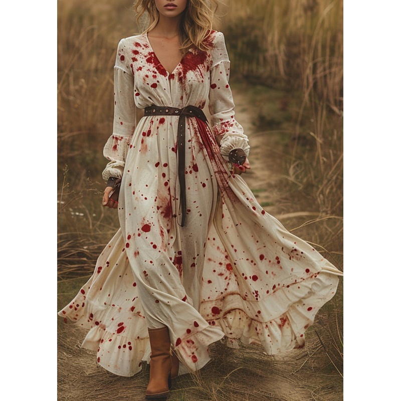 Pastoral Style V Neck Ruffled Patchwork Cotton Long Dress Spring