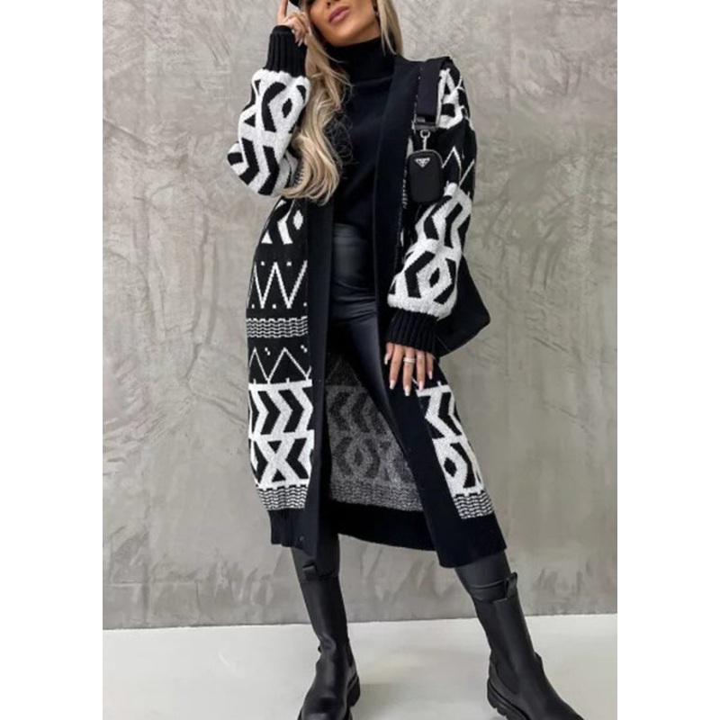 Plus Size Black V Neck Geometric Jacquard Knit Cardigan Fall