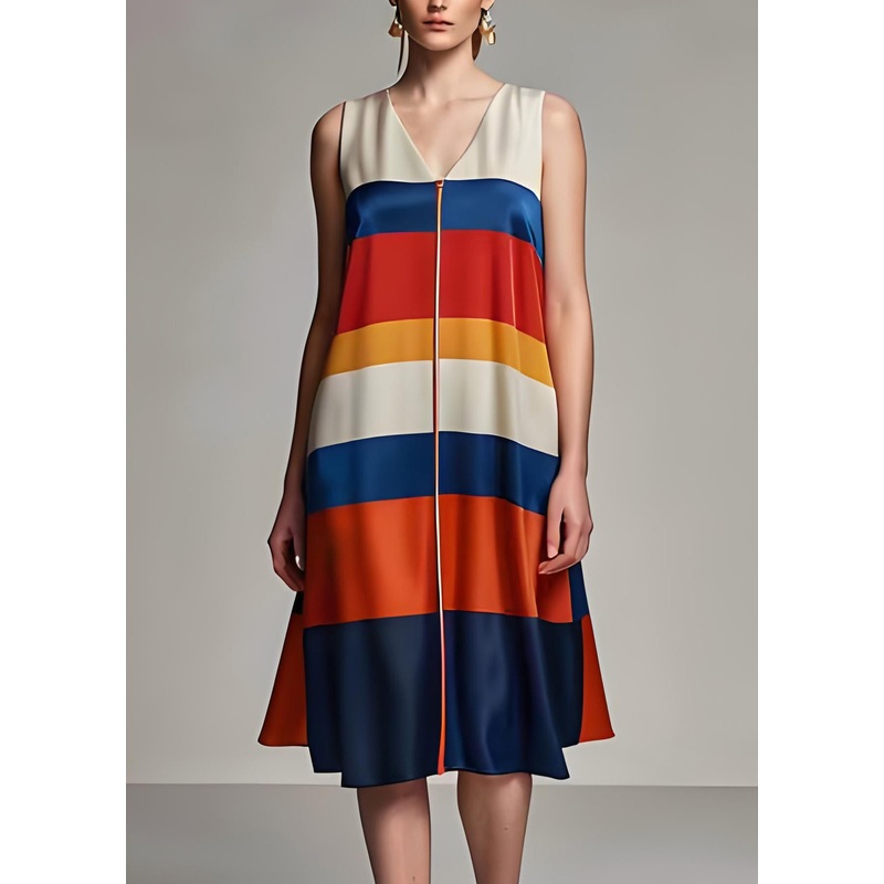 Plus Size Colorblock V Neck Striped Silk Dresses Sleeveless