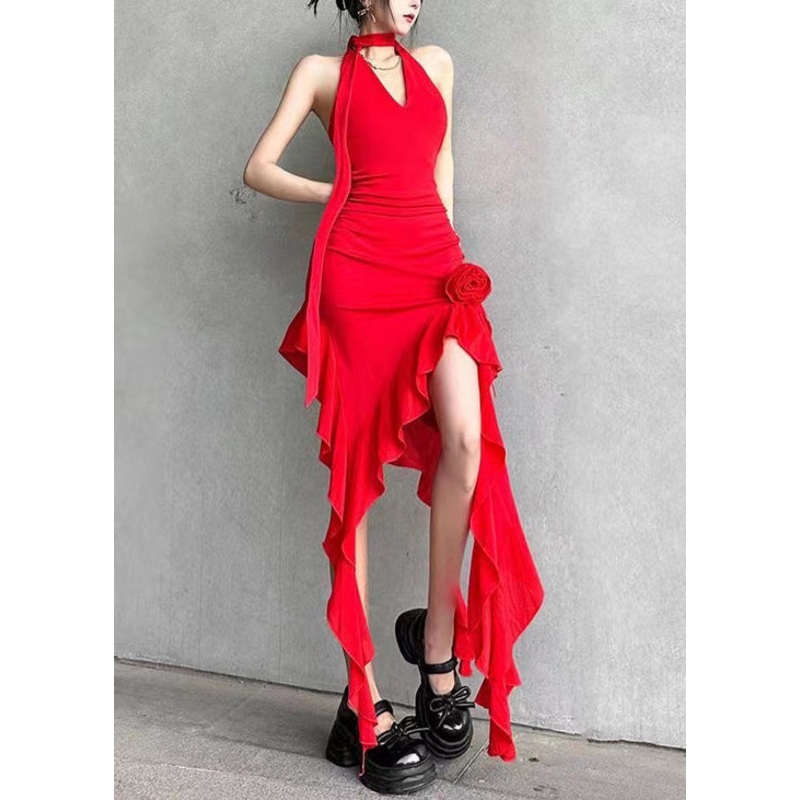 Red Asymmetrical Cotton Mid Dress V Neck Summer