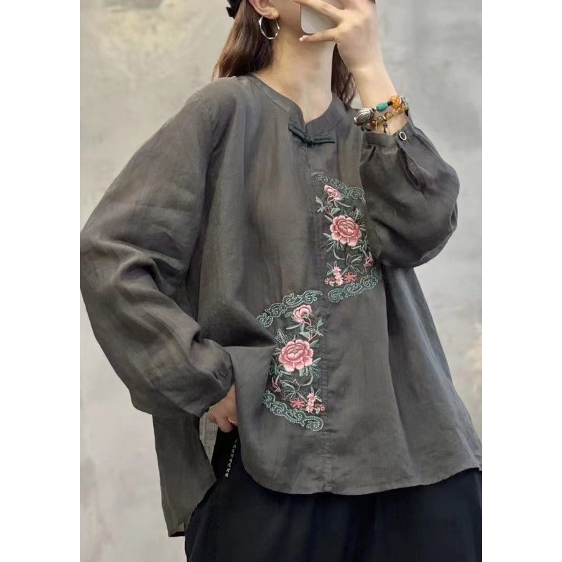 Retro Grey O-Neck Embroideried Linen Shirt Top Lantern Sleeve