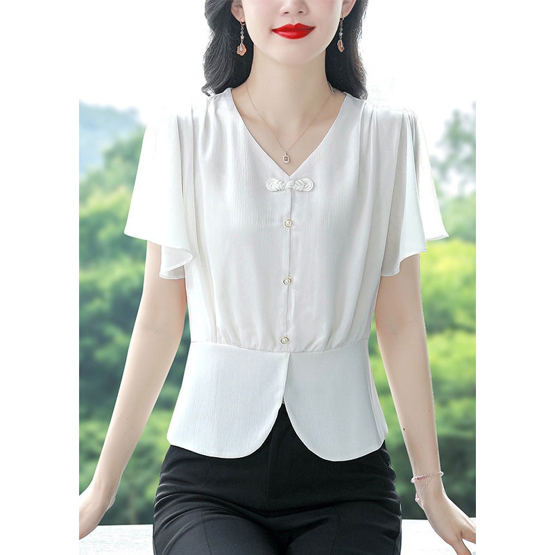 Simple White V Neck Chiffon Shirts Butterfly Sleeve
