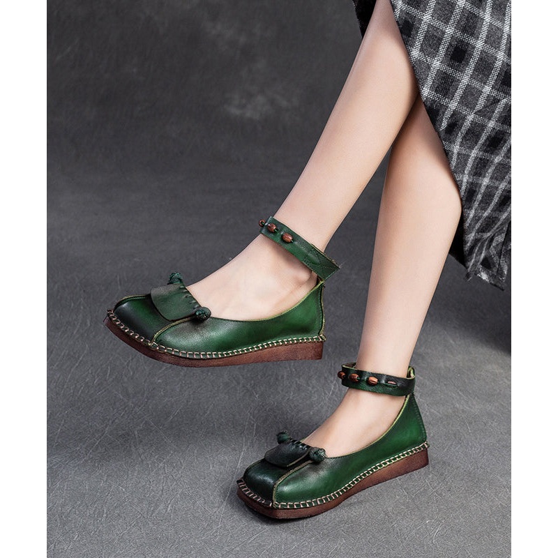 Soft Green Cowhide Leather Splicing Buckle Strap Flats Shoes