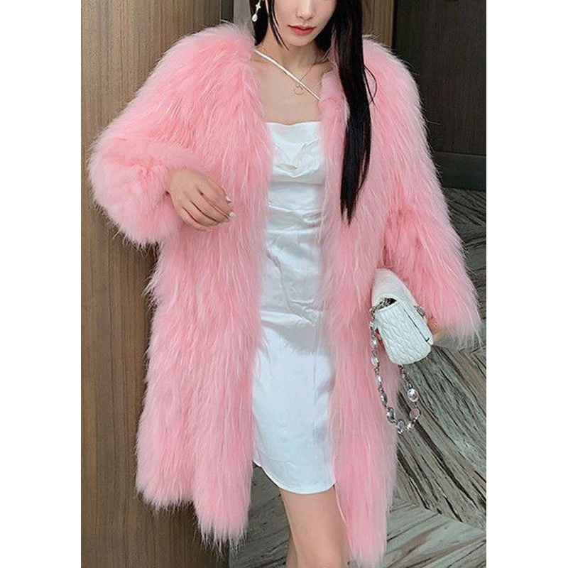 Style Pink V Neck Mink Hair Leather And Fur Long Coats Winter