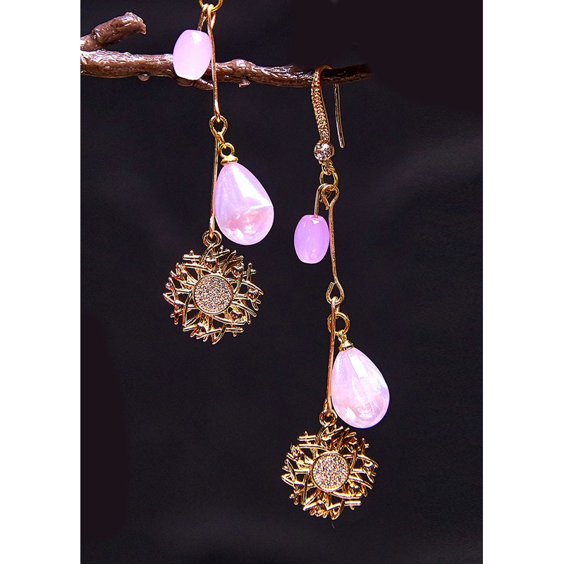 Style Purple Water Droplet Beads Sunflower 14K Gold Drop Earrings