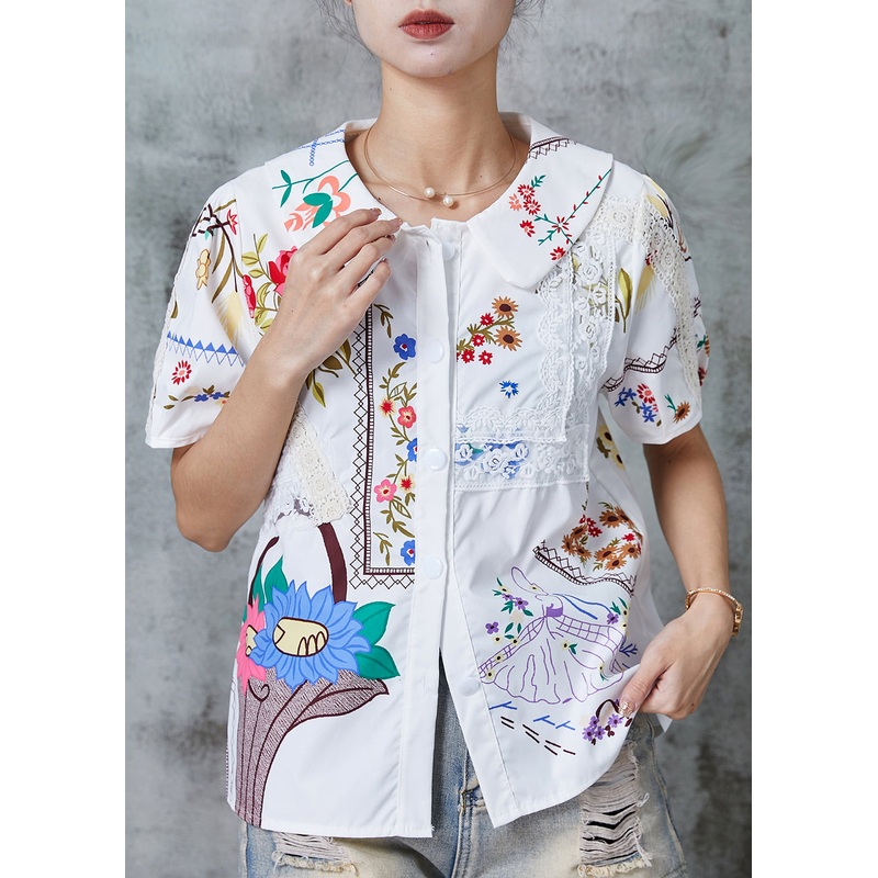 Style White Print Patchwork Lace Shirt Top Summer