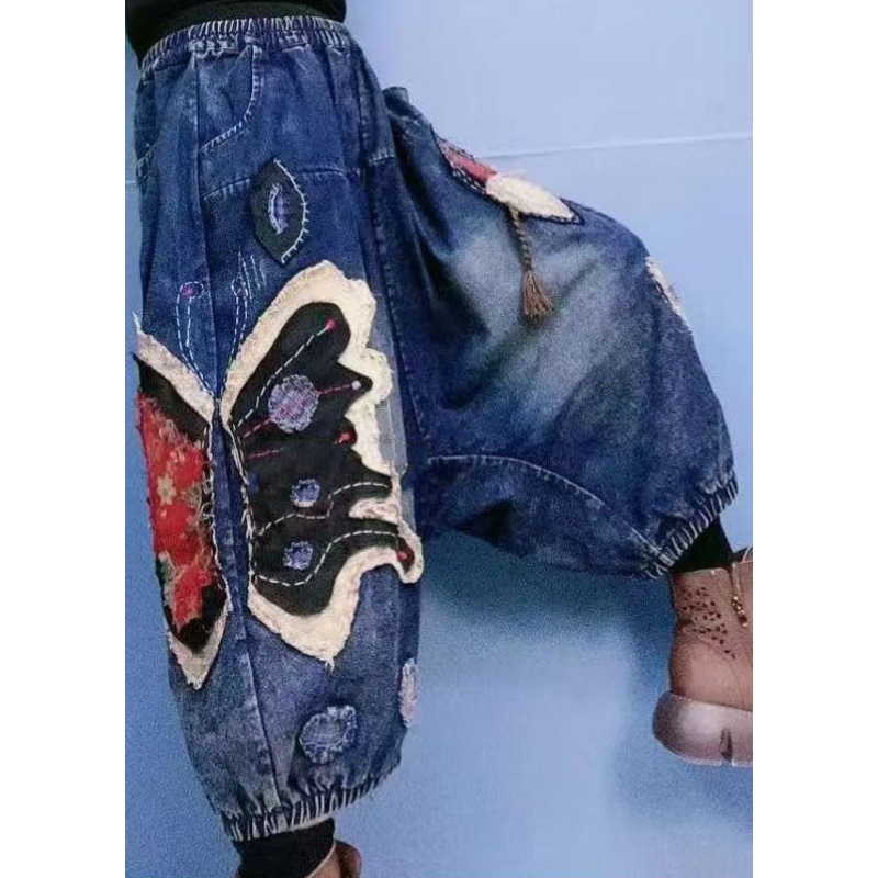 Stylish Blue Pockets Elastic Waist Patchwork Denim Crop Pants Spring