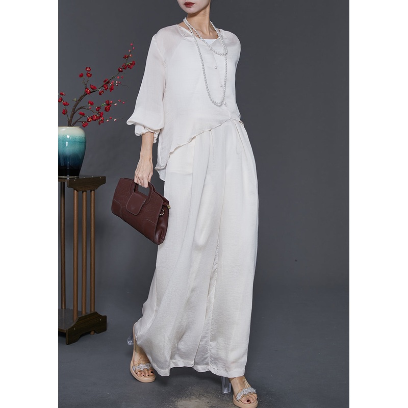 Stylish White Asymmetrical Draping Silk Two Piece Suit Set Spring