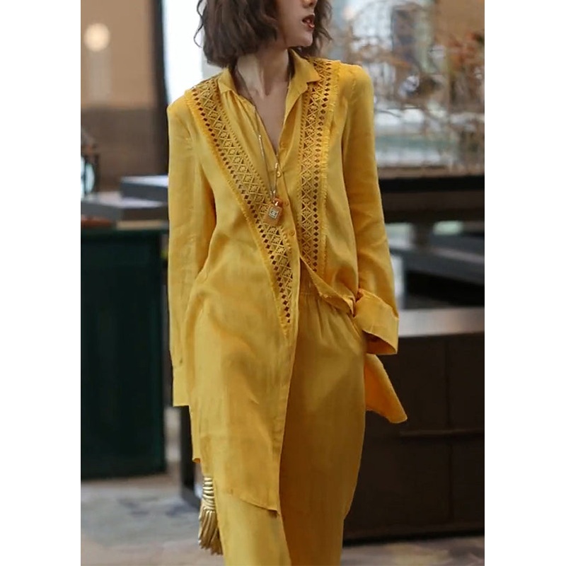 Unique Yellow Hollow Out Linen Women Sets 2 Pieces Fall
