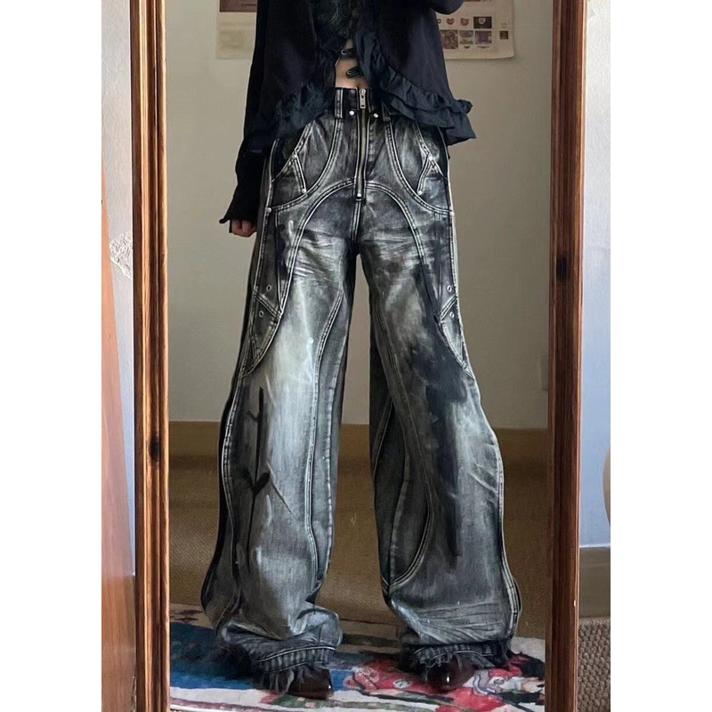 Unique Zip Up Pockets Original Design Neutral Denim Pants Fall