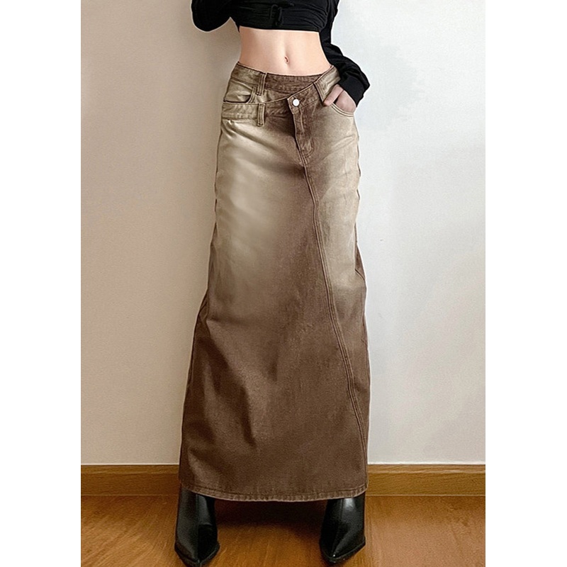 Vintage Light Brown Asymmetrical Side Open Denim Skirt Fall