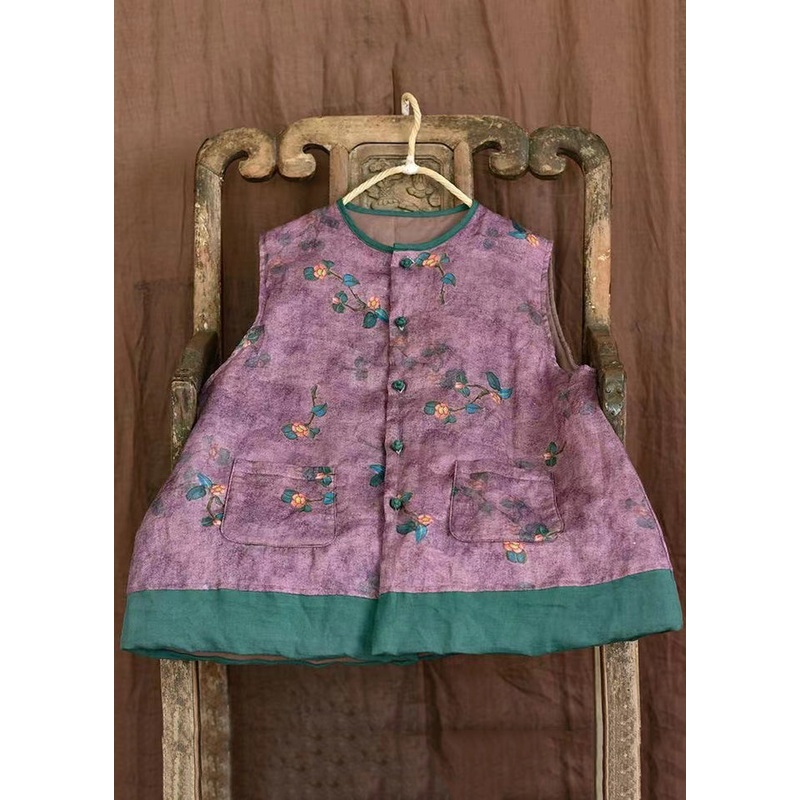 Vintage Purple O-Neck Print Pockets Fine Cotton Filled Vest Sleeveless