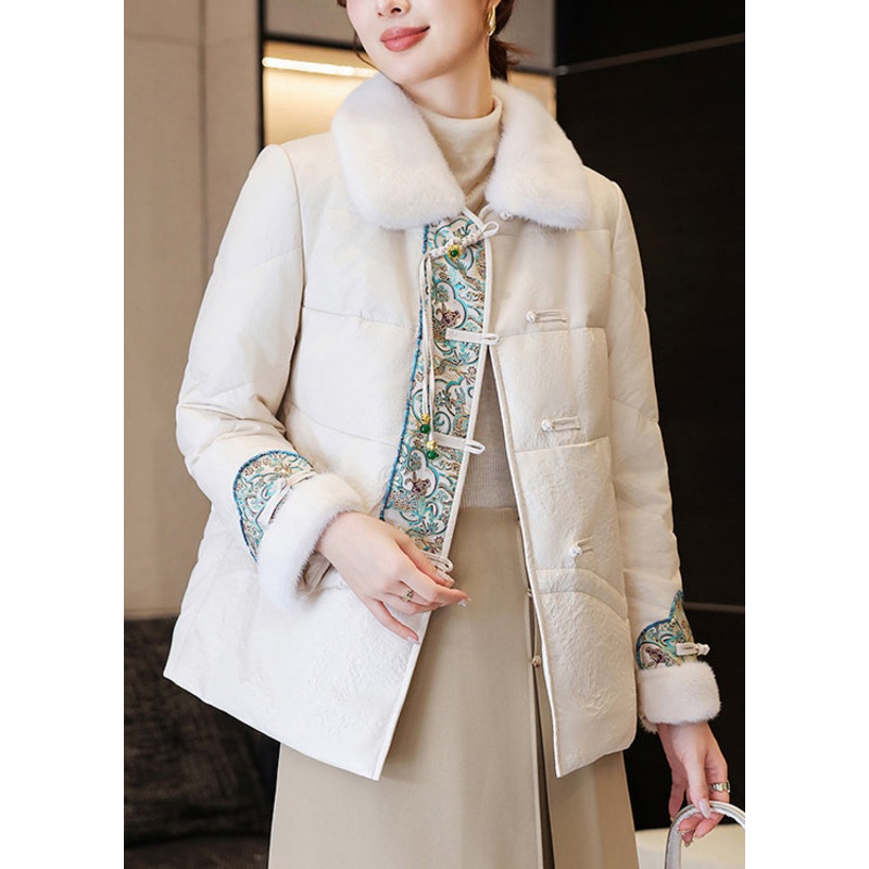 White Chinese Button Faux Leather Down Coats Fur Collar Winter