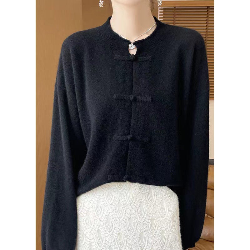 Women Black Button Solid Woolen Knit Coats Fall