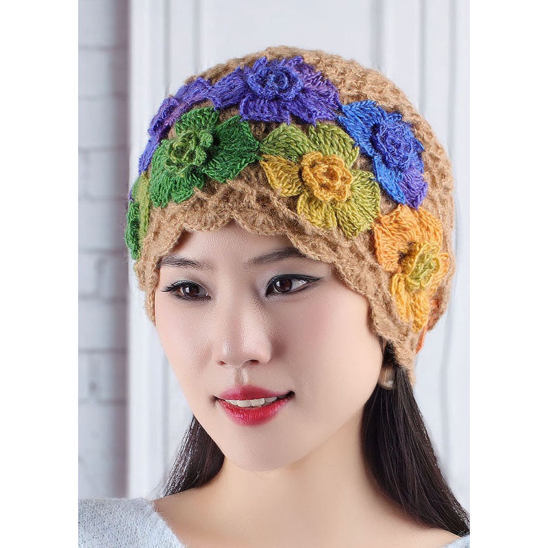 Women Brown Floral Knitted Cotton Bonnie Hat